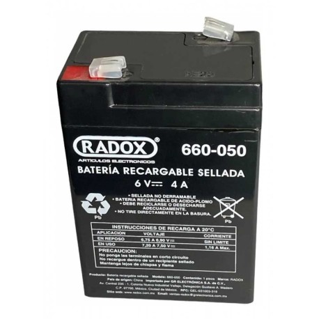 Pila Batería Radox Recargable Mod: 660-050 6V 4A Sellada De Ácido - Plomo