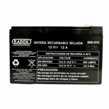 Pila Batería Radox Recargable Mod: 660-070 12V 12A Sellada De Ácido - Plomo